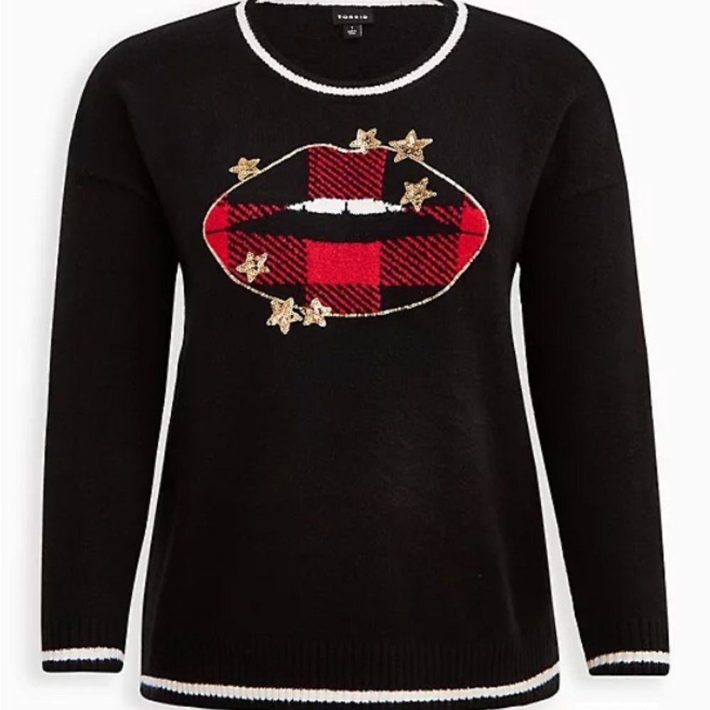 LOWEST🌺 NWT TORRID 5X-2X 1X-0X-or 00 BLACK w/GOLD STARS SWEATER - Picture 4 of 11